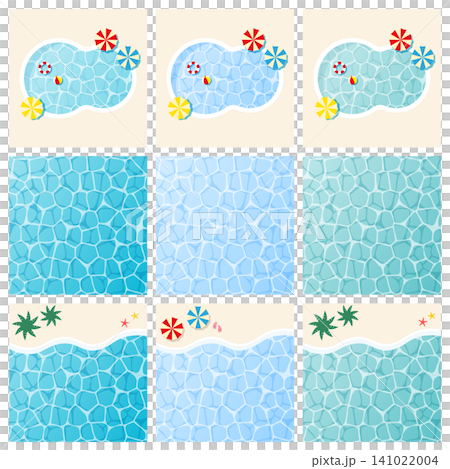A set of illustrations featuring water surface patterns and summer poolside beach scenes. A set of illustrations featuring water surface patterns and summer poolside beach scenes. 141022004