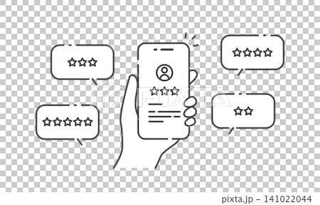 Vector illustration (line art, monochrome) of checking reviews and customer feedback on a smartphone. Line width adjustable. Vector illustration (line art, monochrome) of checking reviews and customer feedback on a smartphone. Line width adjustable. 141022044