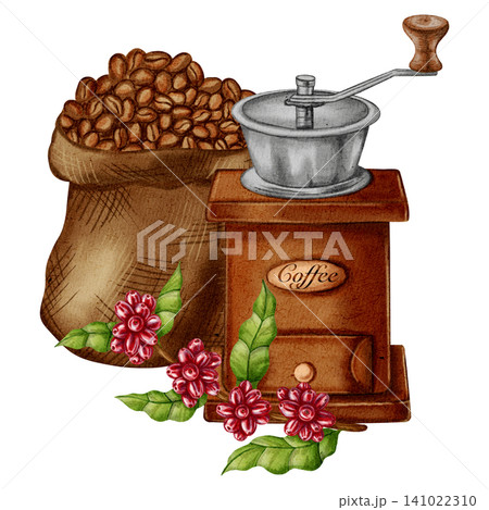 Watercolor illustration of a vintage manual coffee grinder. Craft coffee bag and jute bag with coffee beans. Illustrations for coffee shops, cafes, packaging, menus, and product design. Watercolor illustration of a vintage manual coffee grinder. Craft coffee bag and jute bag with coffee beans. Illustrations for coffee shops, cafes, packaging, menus, and product design. 141022310