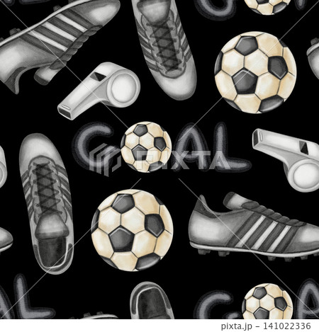 Watercolor football seamless pattern featuring soccer cleats, referee whistle and goal text. Hand drawn sport elements for championship decor and athletic apparel. Football. Sport Watercolor football seamless pattern featuring soccer cleats, referee whistle and goal text. Hand drawn sport elements for championship decor and athletic apparel. Football. Sport 141022336