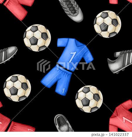 Hand drawn watercolor seamless pattern with blue and red soccer uniforms and balls. Colorful sport outfit illustration for team fans, textile design and stationary. Football. Sport 141022337