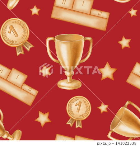 Watercolor sport victory seamless pattern with golden trophy cups, medals and pedestal. Hand drawn award elements for football championship and competition winners. Football. Sport 141022339