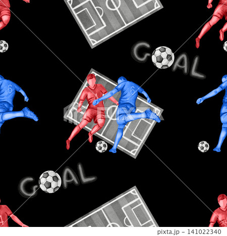 Watercolor seamless pattern featuring soccer players in red and blue uniforms, football field tactics, and balls. Hand drawn athletic background for sports apparel and decor. Football. Sport Watercolor seamless pattern featuring soccer players in red and blue uniforms, football field tactics, and balls. Hand drawn athletic background for sports apparel and decor. Football. Sport 141022340