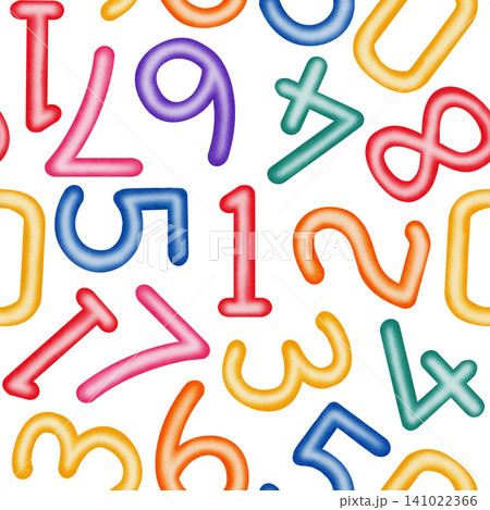 Watercolor colorful numbers seamless pattern. Hand drawn birthday school background with bright numbers from 0 to 9 for fabric, wrapping paper, textile, children's design, back to school Watercolor colorful numbers seamless pattern. Hand drawn birthday school background with bright numbers from 0 to 9 for fabric, wrapping paper, textile, children's design, back to school 141022366