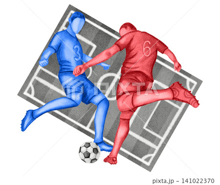 Watercolor illustration of two soccer players in red and blue uniforms competing for the ball. Dynamic football match action isolated on white background.Soccer. Sport. Sports competition. Watercolor illustration of two soccer players in red and blue uniforms competing for the ball. Dynamic football match action isolated on white background.Soccer. Sport. Sports competition. 141022370