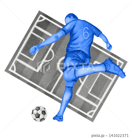 Watercolor illustration of a soccer player dribbling a ball against a soccer field. Dynamic sports action and movement, isolated on a white background. Soccer. Sport. Sports competition. Watercolor illustration of a soccer player dribbling a ball against a soccer field. Dynamic sports action and movement, isolated on a white background. Soccer. Sport. Sports competition. 141022371