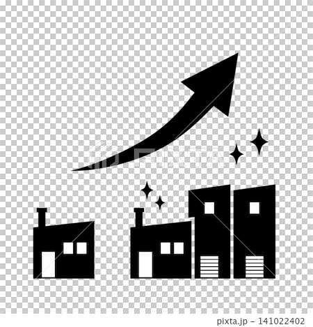 An upward-pointing arrow and a factory icon indicate the company's growth and improved performance. An upward-pointing arrow and a factory icon indicate the company's growth and improved performance. 141022402