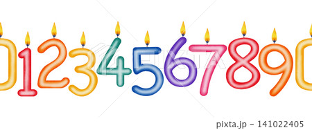 Watercolor seamless border of colorful birthday candle numbers from zero to nine with burning flames. Festive confectionery for birthdays, anniversaries, party invitations, children's design, card  141022405