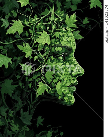 Woman's face made of vibrant green ivy leaves against a dark background 141022574