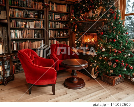 Cozy reading corner with red chairs and Christmas tree in a rustic library during winter 141022600