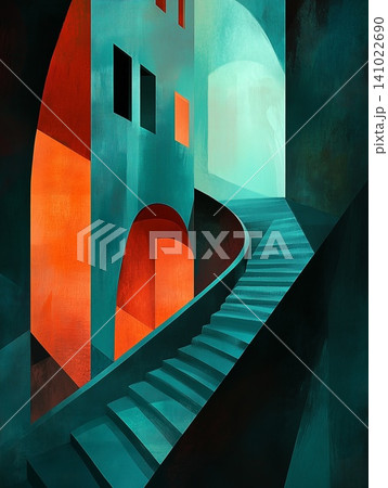 Abstract architectural representation with bold red and green colors and a lonely figure Abstract architectural representation with bold red and green colors and a lonely figure 141022690