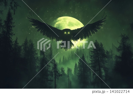 Illustration of mysterious owl in flight against a glowing moon over a dark forest at night 141022714