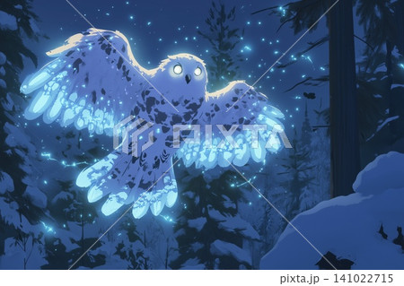 Glowing owl flying through a snowy forest at night surrounded by sparkling lights 141022715