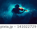 Silhouette of a mystical fairy woman playing violin amidst fog and ethereal atmosphere at twilight 141022729