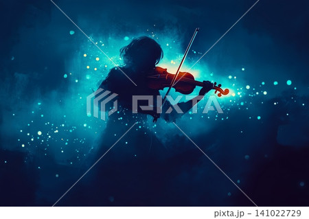 Silhouette of a mystical fairy woman playing violin amidst fog and ethereal atmosphere at twilight Silhouette of a mystical fairy woman playing violin amidst fog and ethereal atmosphere at twilight 141022729