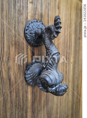 A detailed iron door knocker shaped like a sea monster is fixed on a wooden door. The wood has a natural texture that highlights the knocker's design. A detailed iron door knocker shaped like a sea monster is fixed on a wooden door. The wood has a natural texture that highlights the knocker's design. 141022856