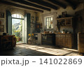 Cozy rustic kitchen with natural light in a serene countryside setting 141022869