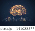 Illustration of bright glowing brain hovering over a city showcasing creativity and innovation 141022877