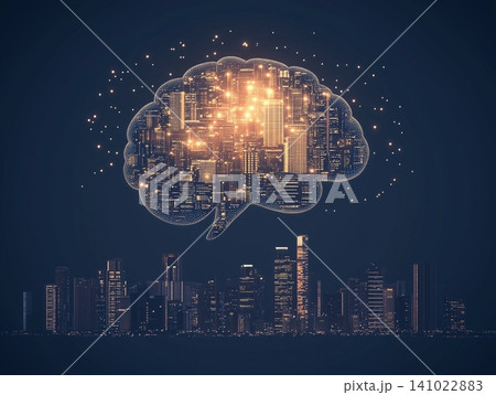 Illustration of bright glowing brain hovering over a city showcasing creativity and innovation 141022883