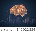 Illustration of bright glowing brain hovering over a city showcasing creativity and innovation 141022886