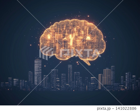 Illustration of bright glowing brain hovering over a city showcasing creativity and innovation Illustration of bright glowing brain hovering over a city showcasing creativity and innovation 141022886