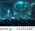 Digital brain network over a bustling city skyline at night with illuminated skyscrapers 141022887