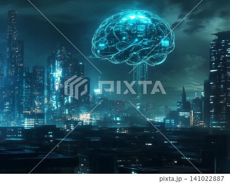 Digital brain network over a bustling city skyline at night with illuminated skyscrapers 141022887