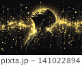 Black woman, enjoying music with a glow of lights and notes in a vibrant night setting 141022894