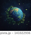 Planet Earth with vibrant greenery and blue oceans against a dark background, environmental theme 141022936