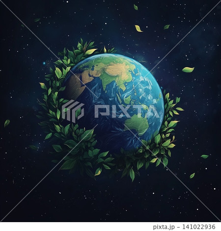 Planet Earth with vibrant greenery and blue oceans against a dark background, environmental theme Planet Earth with vibrant greenery and blue oceans against a dark background, environmental theme 141022936