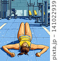 Illustration of fitness enthusiast takes a break on the gym floor after an intense workout session 141022939