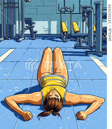 Illustration of fitness enthusiast takes a break on the gym floor after an intense workout session 141022939
