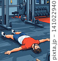 Illustration of fitness enthusiast takes a break on the gym floor after an intense workout session 141022940