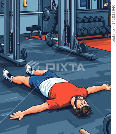Illustration of fitness enthusiast takes a break on the gym floor after an intense workout session Illustration of fitness enthusiast takes a break on the gym floor after an intense workout session 141022940