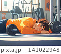 Illustration of fitness enthusiast takes a break on the gym floor after an intense workout session 141022948