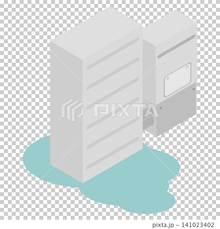 An illustrative image showing a water leak problem occurring in the tank of an isometric home battery storage system. An illustrative image showing a water leak problem occurring in the tank of an isometric home battery storage system. 141023402