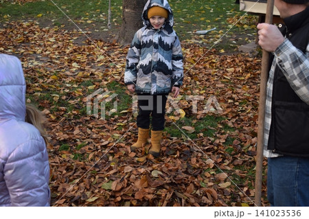 Young father, pre-teen daughter and son in warm autumn clothes spending quality time together among fallen leaves. Happy family enjoying the beauty of fall, playful moments and family life outdoors Young father, pre-teen daughter and son in warm autumn clothes spending quality time together among fallen leaves. Happy family enjoying the beauty of fall, playful moments and family life outdoors 141023536