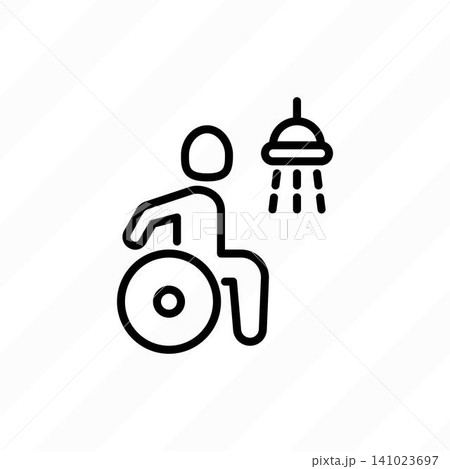Wheelchair accessible beach shower thin line icon for inclusive public beach facilities. Public shower wheelchair access. Vector illustration. Wheelchair accessible beach shower thin line icon for inclusive public beach facilities. Public shower wheelchair access. Vector illustration. 141023697