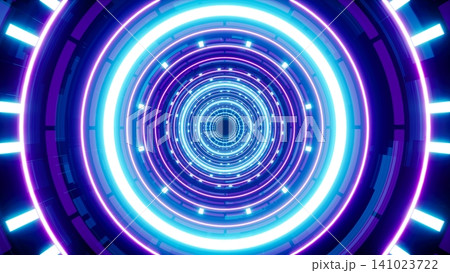Futuristic technology tunnel background with multiple circular neon lights Futuristic technology tunnel background with multiple circular neon lights 141023722