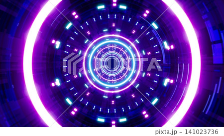 Glowing Neon cyber tunnel art composed of simple shapes 141023736