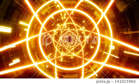 Technology tunnel interior background with multiple beams of light connected to create a geometric flower shape 141023968