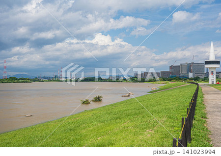 大雨で増水し濁流となった淀川 淀川河川公園枚方地区からの展望 大阪府枚方市 大雨で増水し濁流となった淀川 淀川河川公園枚方地区からの展望 大阪府枚方市 141023994