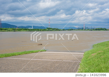 大雨で増水し濁流となった淀川 淀川河川公園枚方地区からの展望 大阪府枚方市 大雨で増水し濁流となった淀川 淀川河川公園枚方地区からの展望 大阪府枚方市 141023996