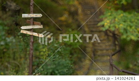 Rustic wooden signpost pointing in multiple directions on a nature trail 141024261
