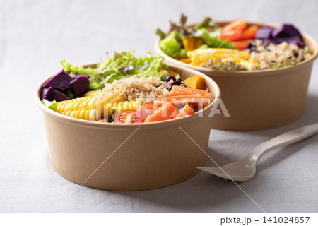 Salad with lettuce, sweetcorn, crab stick, pumpkin, tomato, sweet potato, azuki bean and quinao seed Salad with lettuce, sweetcorn, crab stick, pumpkin, tomato, sweet potato, azuki bean and quinao seed 141024857