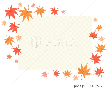 紅葉の長方形フレーム 赤や橙のもみじと市松模様を配した秋の背景素材 紅葉の長方形フレーム 赤や橙のもみじと市松模様を配した秋の背景素材 141025122