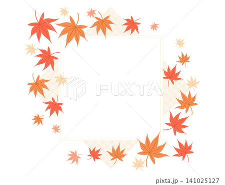 紅葉の正方形フレーム 赤や橙のもみじと市松模様を配した秋の背景素材 141025127