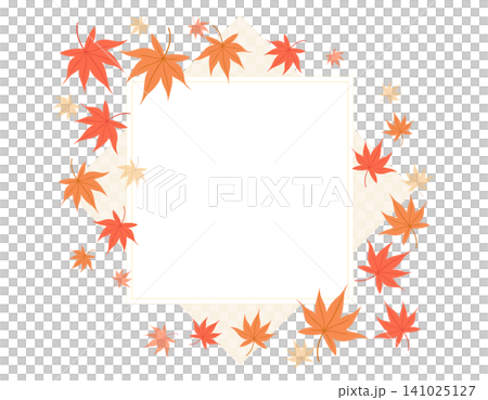 紅葉の正方形フレーム 赤や橙のもみじと市松模様を配した秋の背景素材 141025127