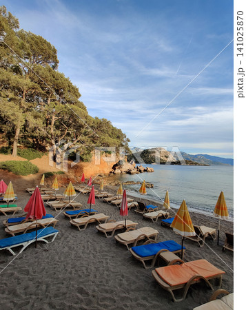 deck chairs and umbrellas on the sea beach in summer deck chairs and umbrellas on the sea beach in summer 141025870