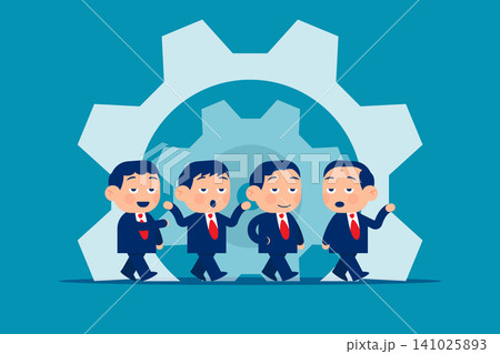 Cute little business. Business people walking in front of a giant gear mechanism. Symbolizes Teamwork, Industrial Efficiency, Corporate Success, and Collaborative Workflow. 141025893